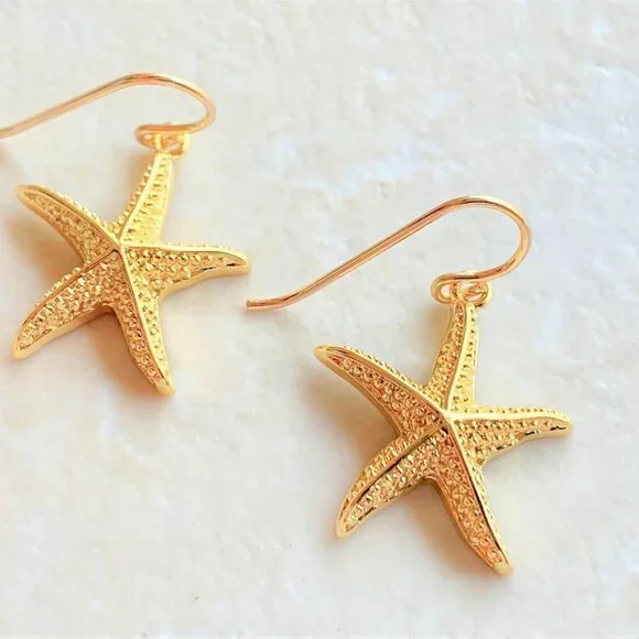 Starfish Earrings Gold 14K Gold Filled Wires Womens Girls Beach Jewelry - Picture 5 of 6